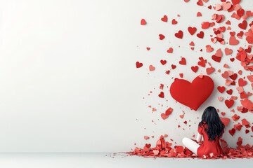 Poster - A flat 2D illustration of a person sitting on the floor, surrounded by broken, scattered pieces of a heart, all set against a plain white canvas