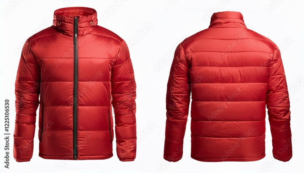 Blank template red down jacket with zipped, front and back view ...