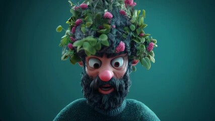 Wall Mural - Whimsical character with a floral crown, expressing surprise against a vibrant backdrop