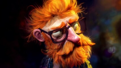 Wall Mural - A whimsical portrait of a bespectacled man with vibrant orange hair and beard, set against a colorful background