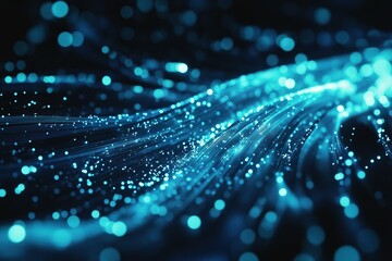 Poster - A fiber-optic cable is connected to the internet, illuminated by blue light and surrounded by glowing