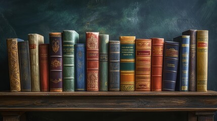 Wall Mural - a shelf of books on a table with a green wall