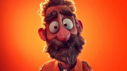 Wall Mural - A surprised cartoon man with a bushy beard and wild hair against a vibrant orange background