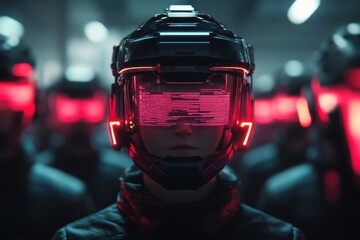 Poster - A futuristic scene of a holographic figure delivering an inspiring speech, surrounded by a crowd of people wearing glowing visors, their admiration visible through colorful holographic data