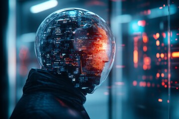 Poster - A futuristic scene of a holographic figure delivering an inspiring speech, surrounded by a crowd of people wearing glowing visors, their admiration visible through colorful holographic data
