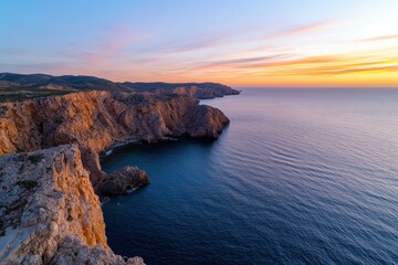 Breathtaking view of rugged cliffs meeting the vast ocean under a colorful sunset, evoking a sense of adventure, peace, and the timeless beauty of nature's landscapes.