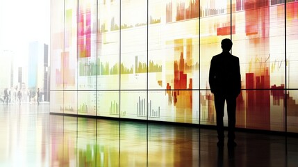 Poster - Business professional observing colorful data visualizations in a modern office environment