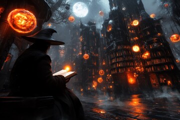 Poster - A gothic-inspired scene of a person sitting in a grand, dimly lit library, peacefully reading by the light of a single candle, surrounded by towering shelves of books
