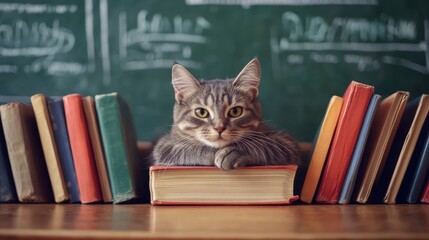 Poster - a cat sitting on top of a book shelf