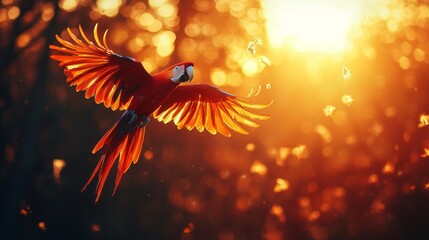 Poster - Dramatically illuminated by the golden light of dusk, a stunning scarlet macaw takes flight, showcasing its vibrant plumage amidst a dreamy, blurred forest ambiance filled with fluttering leaves