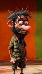 Wall Mural - Cartoon character with messy hair and beard in a colorful background, expressing surprise or confusion