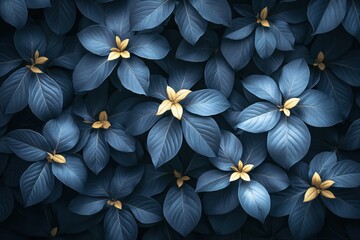 Poster - Dark blue leaves with golden center creating a moody and elegant natural pattern