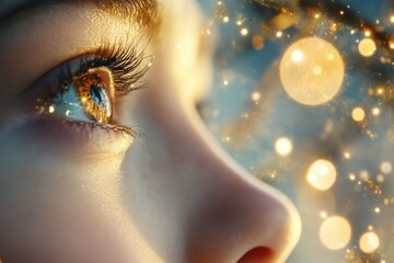 Poster - A hyper-realistic close-up of a person face, their eyes sparkling with hope and their lips slightly parted in a joyful smile, with sunlight softly illuminating their features