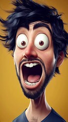 Wall Mural - Cartoon character with exaggerated features expressing excitement against a vibrant yellow background