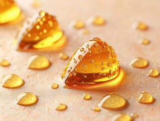 Poster - Golden liquid drops on textured surface creating a luminous and reflective abstract pattern