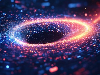 Poster - Abstract glowing particles swirling vortex with red and blue light on dark background