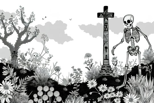 Day of the dead rule of thirds, corner right side placed, and blank banner template without text , on the extreme right third of an image, rule of thirds, 