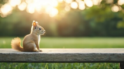 Aufkleber - Squirrel sitting on bench in park during golden hour sunset