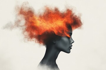 Poster - A minimalist design of a silhouette with flames emanating from their head, symbolizing fiery anger, drawn in bold red and orange tones on a plain white background