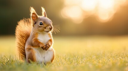 Poster - Red squirrel standing on grass in warm sunset light