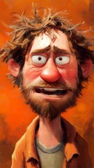 Wall Mural - Cartoon character with messy hair and a shocked expression against a vibrant orange background