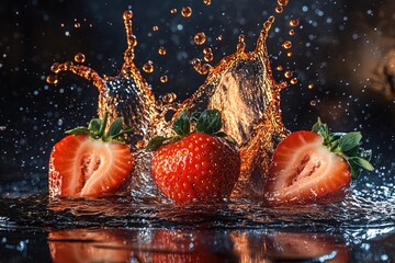 Poster - Strawberries in motion with liquid splash on a dark background creating a dynamic scene
