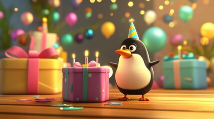 Wall Mural - a penguin with a birthday hat standing next to a birthday cake