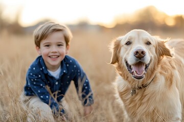 Wall Mural - A cheerful boy enjoys a playful moment with his golden retriever dog in a sunlit field, embodying the joy of childhood and the bond between humans and pets.