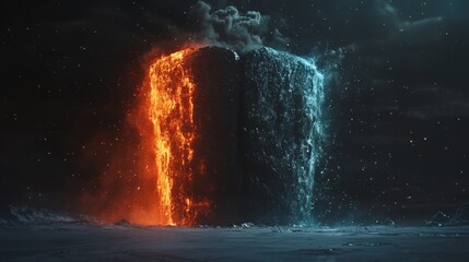 Poster - Split-screen image of a melting glacier juxtaposed with a climate skepticism debate Stock Photo with side copy space