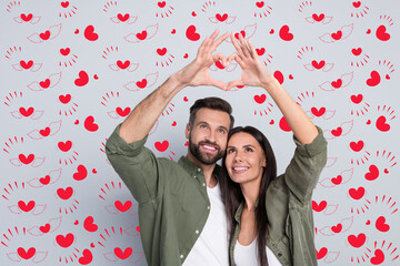 Poster - Portrait of attractive amorous cheerful couple hugging showing heart symbol amour isolated over grey pastel color background