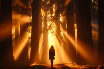 Poster - A person walking through a forest trail, their head tilted downward, surrounded by towering trees and filtered light