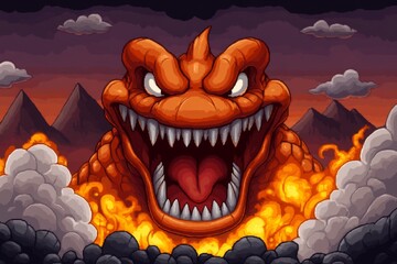 Poster - A pixel art scene of a character with a fiery aura, surrounded by animated flames and an exaggerated angry face, set in a retro game environment