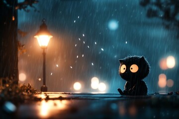 Poster - A pixel art scene of a small, lone character sitting under a streetlamp in the rain, their tiny figure emphasizing solitude as animated raindrops fall around them