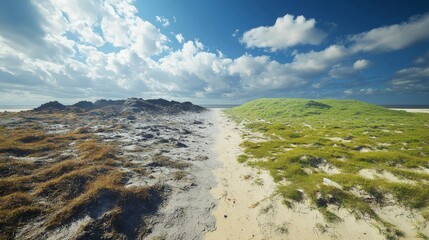 Poster - Contrast image of thriving green spaces versus barren lands caused by deregulation Stock Photo with side copy space