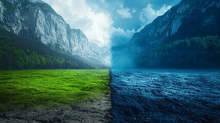 Poster - Contrast image of thriving green spaces versus barren lands caused by deregulation Stock Photo with side copy space