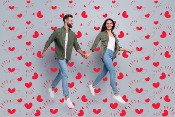 Poster - Full length photo of guy lady married couple jump go boutique center hold hand isolated over grey color background