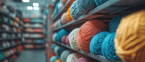 Poster - Colorful Yarn Balls on Shelves in a Store Aisle Craft Supply Texture Background Material