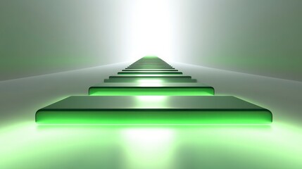 Poster - abstract image of glowing green rectangular platforms receding into a bright light, creating a sense