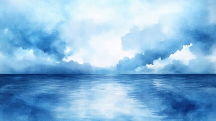 Poster - Watercolor painting of a calm sea under a cloudy sky with reflections in shades of blue