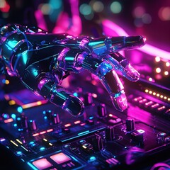 Fototapete - Robotic hand reaching over a futuristic circuit board with vibrant neon lights and bokeh effects