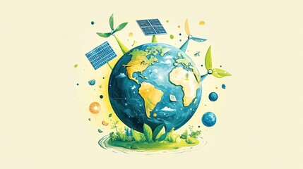Aufkleber - Earth with solar panels and wind turbines representing renewable energy and sustainability