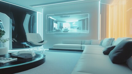 Poster - Modern living room with white furniture and neon lights showcasing futuristic interior design