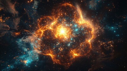 Poster - Cosmic Nebula with Golden Light and Dark Clouds in Deep Space Abstract Background