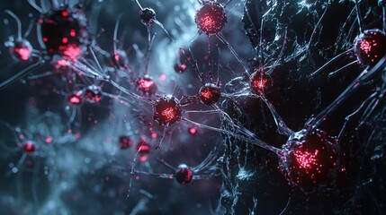 Aufkleber - Abstract network of connected spheres with glowing red dots against a dark background