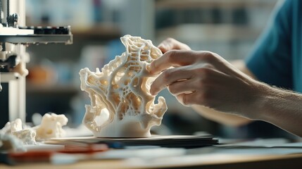 Poster - Hands hold intricate white object created by a three dimensional printer on a table