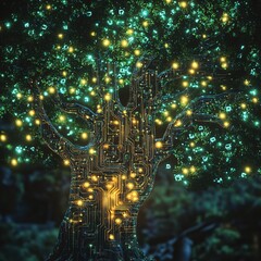 Poster - Glowing circuit tree with green leaves and yellow lights in a dark forest setting