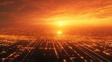Poster - Glowing Cityscape at Sunset with Grid Pattern and Warm Light in a Futuristic Style