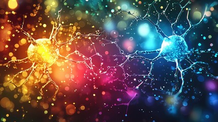 Poster - Abstract Neurons Connecting With Colorful Bokeh Light Background Science Concept