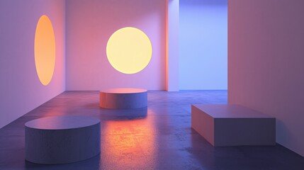 Poster - Abstract interior scene with geometric shapes and soft lighting in a modern setting