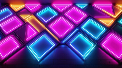 Poster - Neon geometric shapes in pink blue and yellow on a dark background creating a vibrant pattern